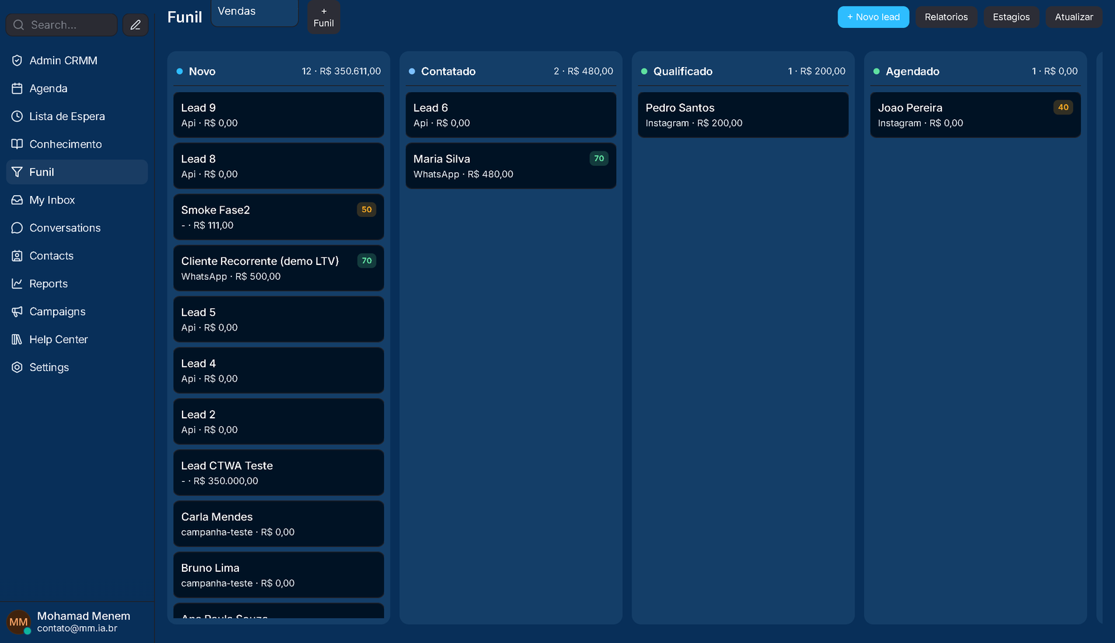 Tela real do CRMM IA — funil de vendas kanban com leads, valores e scores preenchidos automaticamente